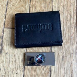 New England Patriots, leather wallet, and money clip